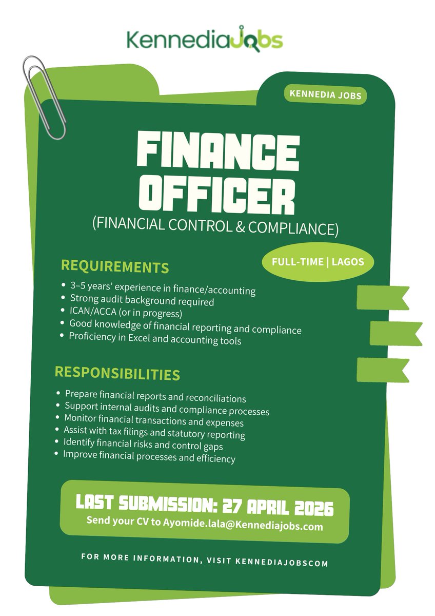 kennediajobs's tweet image. We’re hiring a Finance Officer with strong audit experience.

If you’re skilled in financial reporting, compliance, and analysis, this opportunity is for you.

Send CV to Ayomide.lala@kennediaconsulting.net

#FinanceJobs #AuditJobs #AccountingCareers #HiringNow #LagosJobs #Career