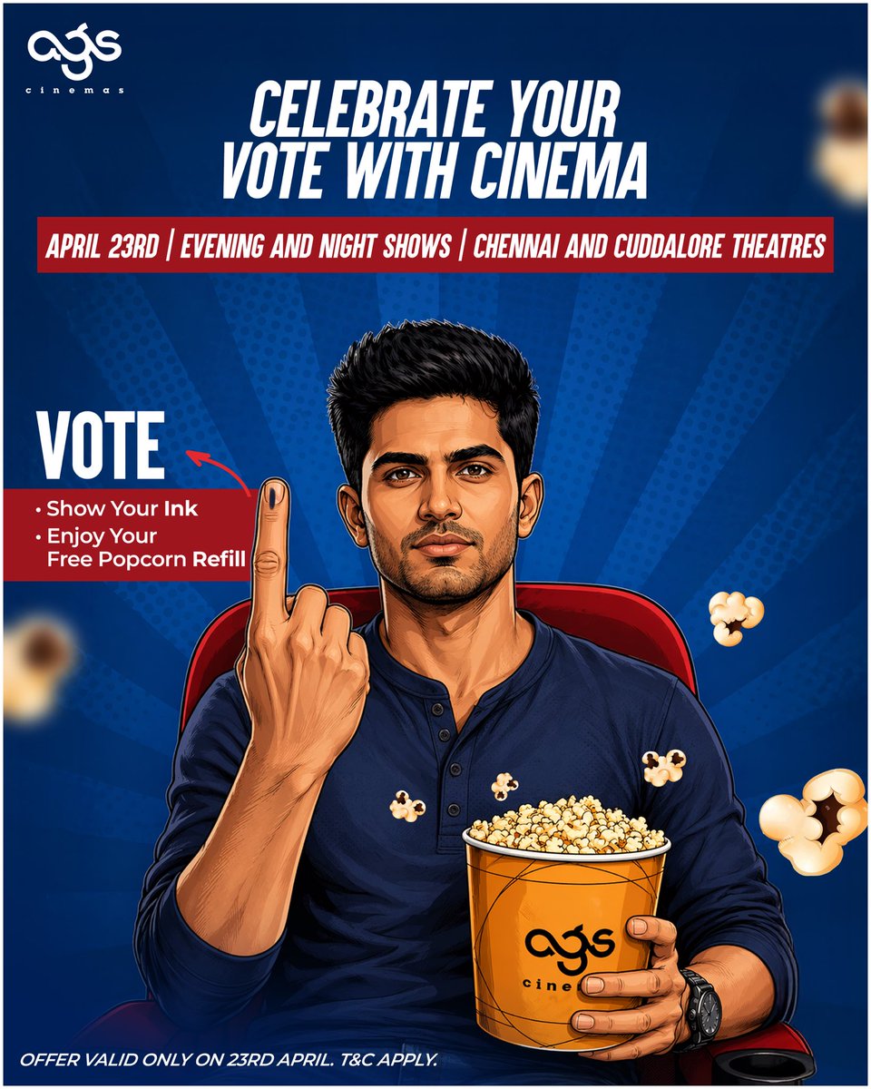 agscinemas's tweet image. Democracy tastes better with popcorn! 🍿♥️

Show your inked finger during evening &amp;amp; night shows in Chennai and Cuddalore on April 23 to enjoy a complimentary popcorn refill 🔥

Book your tickets now 🎟️

🔗 linktr.ee/agscinemasbook…

#ElectionDay #CastYourVote #AGSCinemas