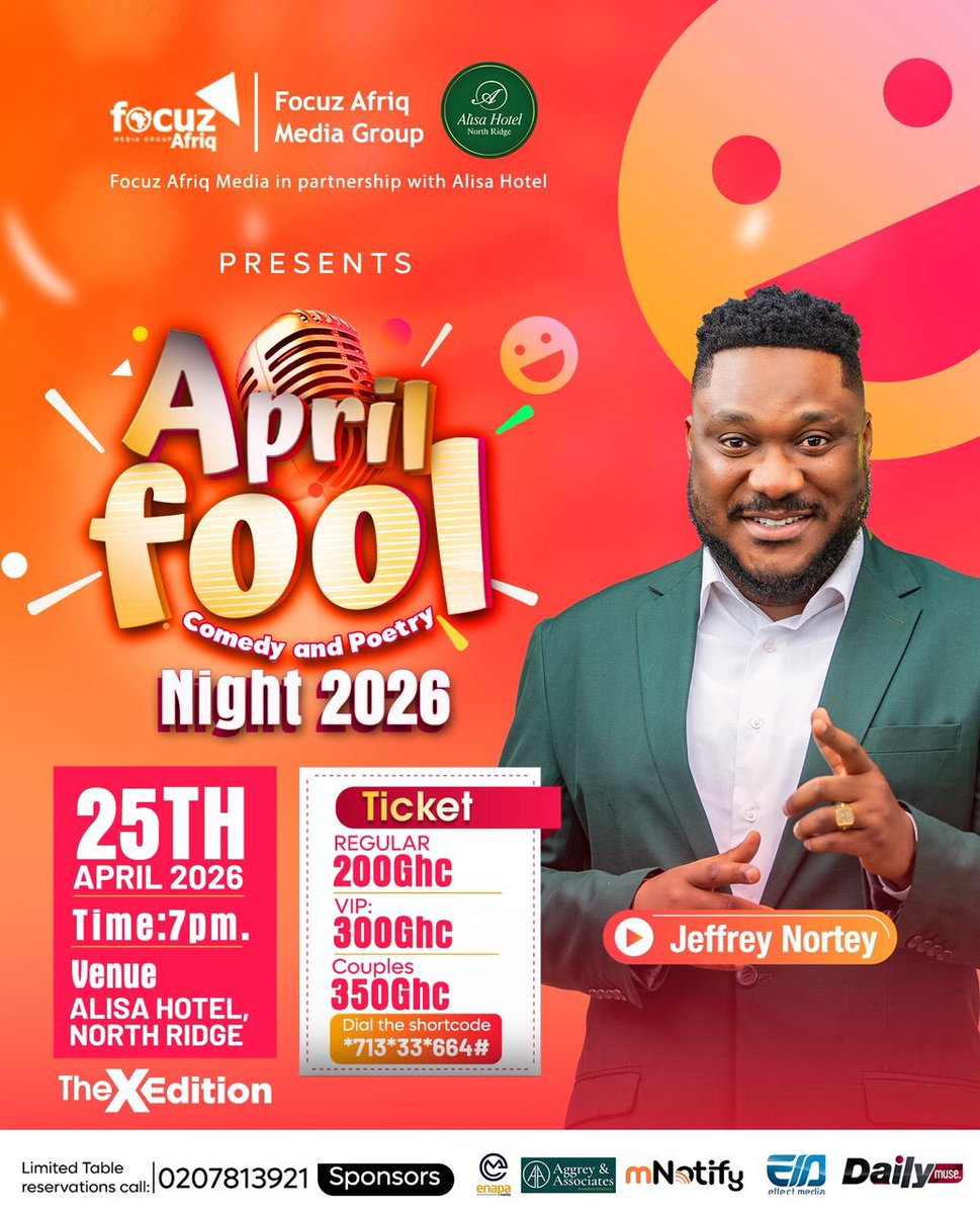 Laugh, relax, and make beautiful memories this Saturday at April Fool Night 2026. Venue: Alisa Hotel, North Ridge.  
Tickets: 200Ghc | 300Ghc | 350Ghc  
Dial *713*33*664# or call 0207813921  
#AprilFoolNight26 #AlisaHotel