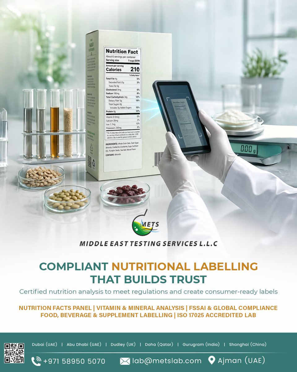 LabMets68257's tweet image. Build trust with every label you create. 🧪📊

📞 Get your products market-ready with confidence.
📞 +971 58950 5070
📧 lab@metslab.com
🌐 metslab.com
📍 Ajman, UAE

#nutritionallabelling #foodtestinglab #qualityassurance #FSSAICompliance #ISO17025 #foodsafety
