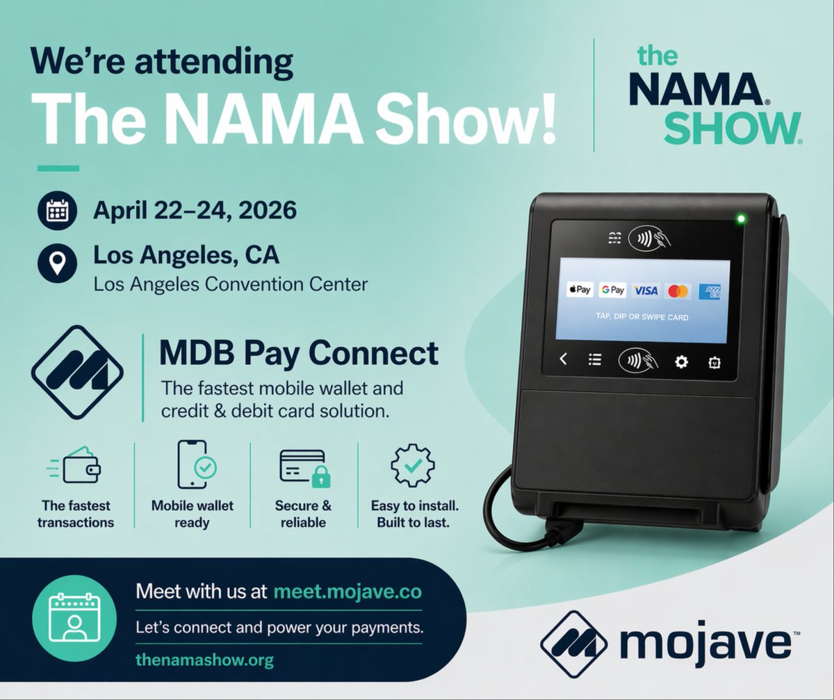 MojaveCorp's tweet photo. NAMA 2026, LA, April 22-24. 🌴
 
 Accept cashless on your existing vending machines, kiosks, and access systems without a hardware swap. Better rates too. ⚡
 
🔗 https://t.co/NHIN07WRmi
📅 https://t.co/S6qntRvjvq
 
#NAMA2026 #MDBPayConnect https://t.co/q3g0NCd5j2