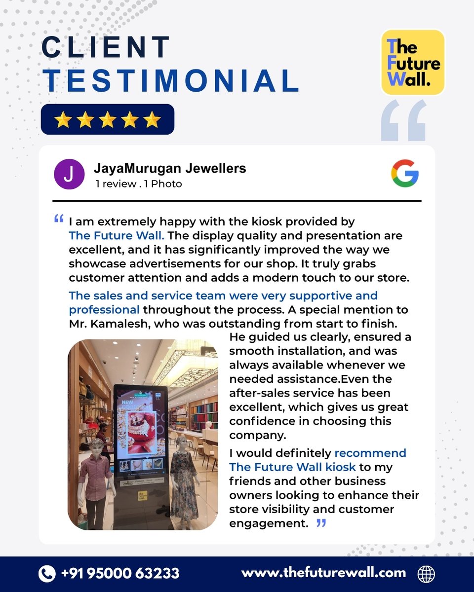 The_FutureWall's tweet image. ⭐⭐⭐⭐⭐ Happy clients = our biggest win!

Our digital kiosk helped boost store visibility &amp;amp; customer engagement for JayaMurugan Jewellers 

Upgrade your retail game today 👇
📞 9500063233
🌐 thefuturewall.com
#ClientTestimonial #DigitalSignage #RetailGrowth #Marketing