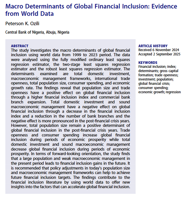 GloblSociety's tweet image. The third article in Global Society 40(2) is "Macro Determinants of Global Financial Inclusion: Evidence from World Data" by Peterson K. Ozili (@cenbank). Be sure to give it a read!

#Growth #Finance #Investment

tandfonline.com/doi/full/10.10…