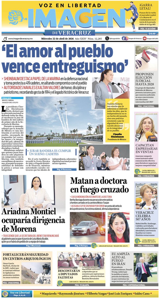 Para iniciar el día bien informados… 

Esta es la portada del periódico <a href="/ImagendeVer/">Imagen de Veracruz</a> de este miércoles 22 de abril del 2026. 

Link al sitio web: imagendeveracruz.mx 

#Veracruz #Medios #Noticias #VozEnLibertad #Periodismo