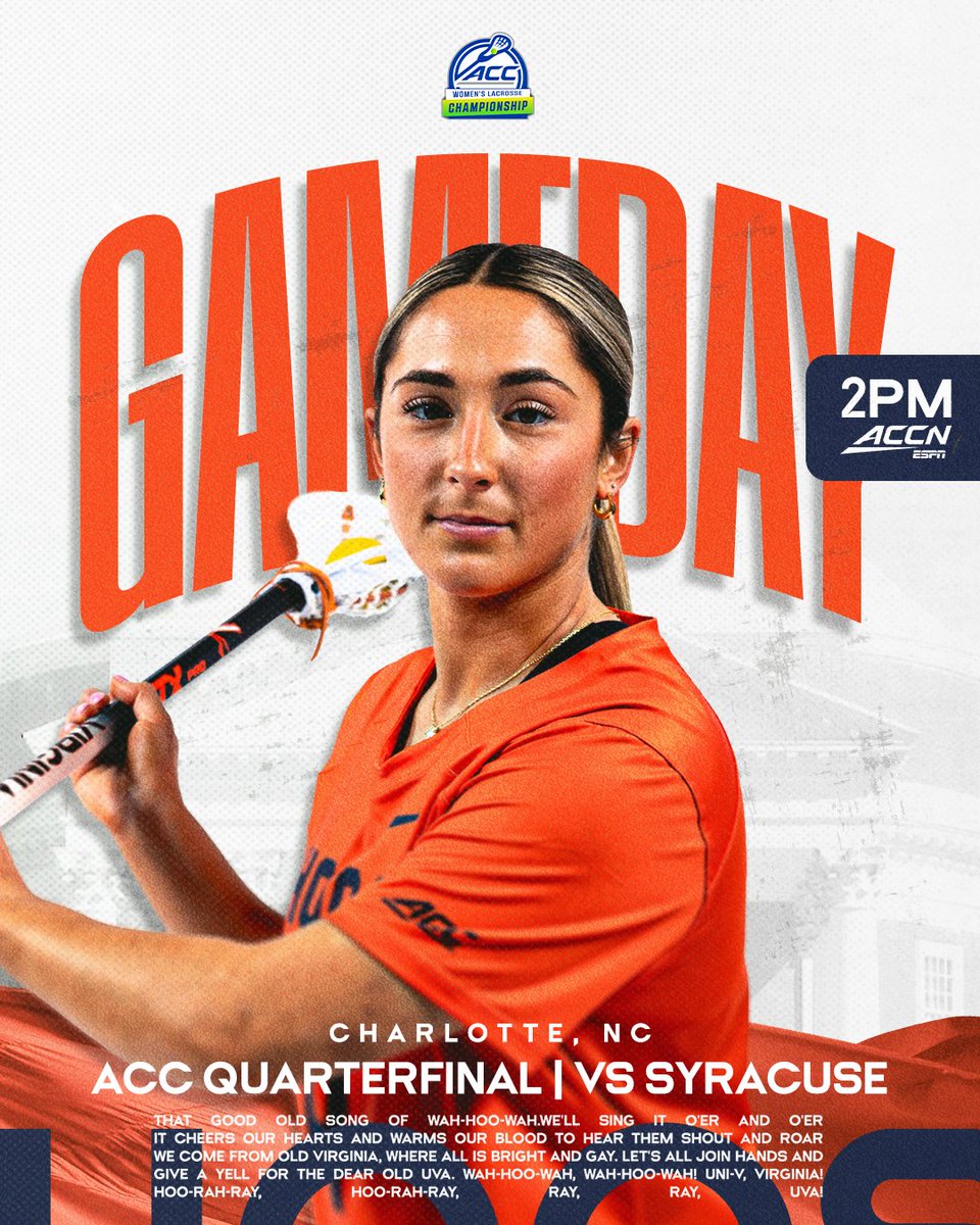 UVAWomensLax's tweet image. ACC Quarterfinal Game Day!!!
5⃣ Seed #GoHoos vs 4⃣ Seed Syracuse
🕑 2 pm 🏟️ American Legion Memorial Stadium
📺 ACC Network bit.ly/41O8orP
📊 stats.statbroadcast.com/statmonitr/?id…
