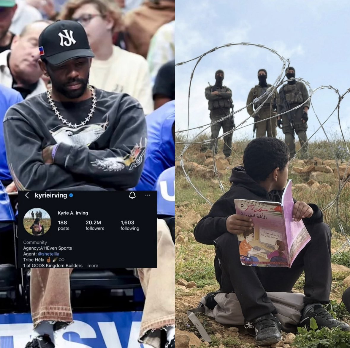 🚨🇺🇸🇵🇸American basketball player Kyrie Irving changes his Instagram profile photo to a young Palestinian boy who was prevented from going to school by Israeli soldiers in the West Bank.