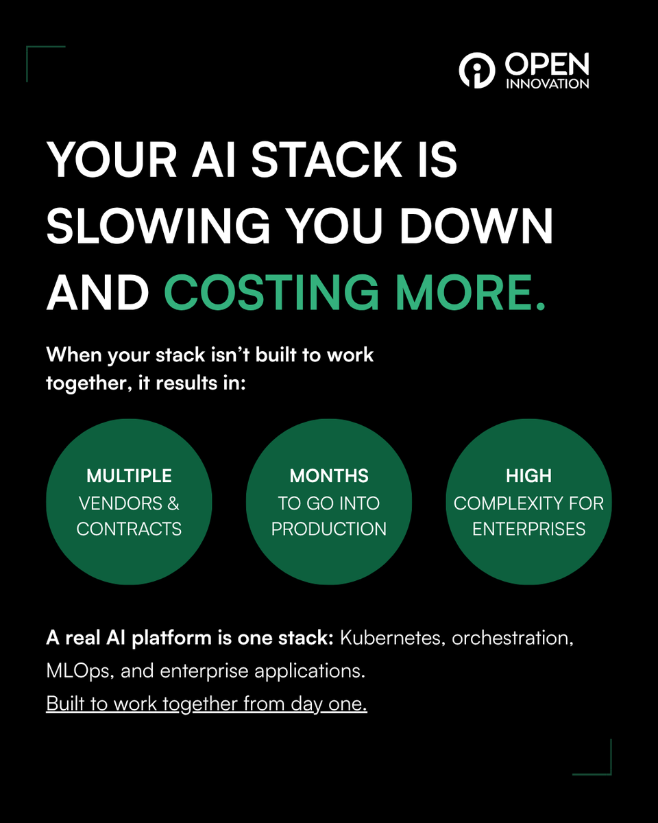 Openinnovat's tweet photo. Most AI stacks aren’t built to work together.

Multiple vendors. Long paths to production. Growing complexity.

Open Innovation replaces that with one unified stack.

Request a demo 👉 https://t.co/7ZraKzpy3K

#AIInfrastructure #SovereignAI https://t.co/f9bkbPTxwV
