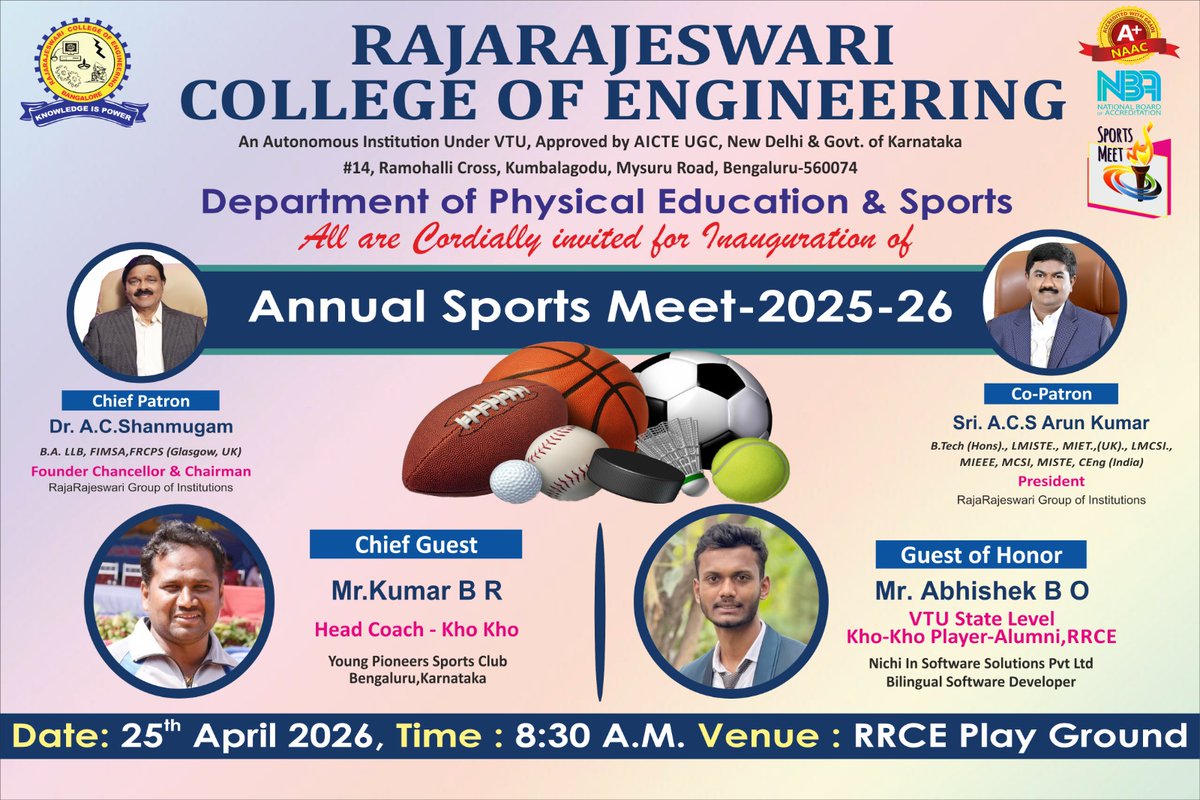 rrceblr's tweet image. 🏆🎉 Annual Sports Meet 2025–26 @ RRCE ⚡
Join the Inauguration on 25 Apr, 8:30 AM at RRCE Playground 🏅 Celebrate sportsmanship, teamwork &amp;amp; excellence with exciting moments and champions in the making! 💪#AnnualSportsMeet #RRCE #SportsEvent #CampusLife #StudentAthletes