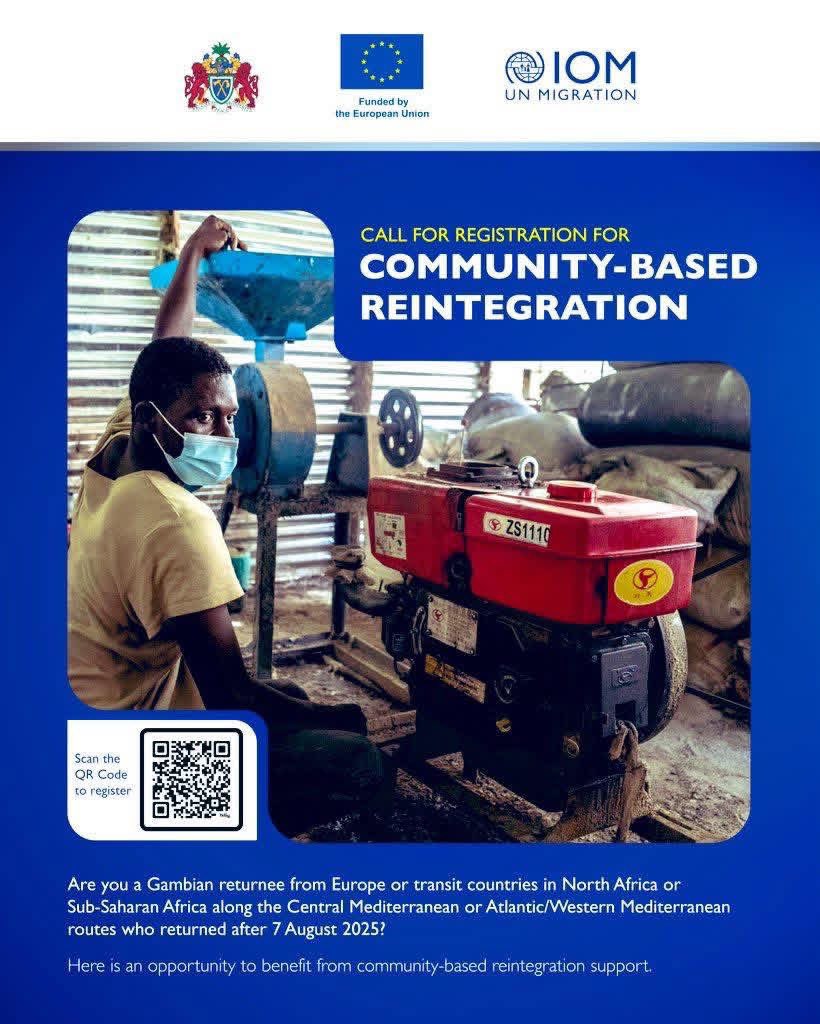 IOMTheGambia's tweet photo. Are you a Gambian returnee from Europe or transit countries in North/Sub-Saharan Africa who returned after 7 Aug. 2025?

An opportunity from our @EUinTheGambia-funded community-based reintegration program.

Women returnees are encouraged to apply.

Apply: https://t.co/NsnmXrlSFe https://t.co/69YQXSq1it