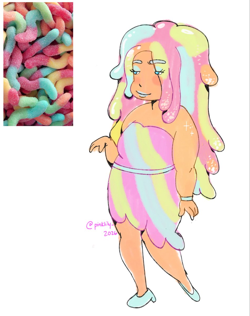 pinklily_art's tweet image. gummy worm girl 🌈 #characterdesign