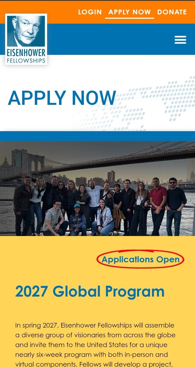 🚨 Eisenhower Fellowships Global Program (Fully Funded)

📍Application Timeline:
April 13 – May 15, 2026

📍Eligibility Criteria:
efworld.org/2027-globalpro…