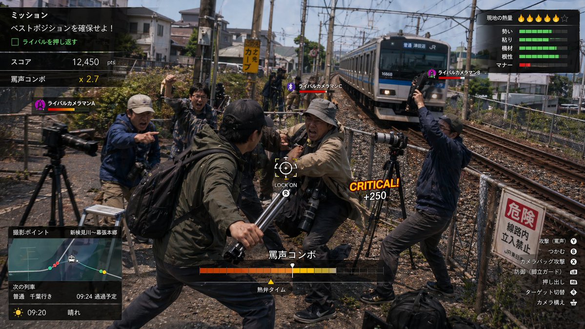 chitte_101's tweet image. AI驚き屋みたいな投稿でアレなんですが、GPT-Image-2すごいですね……

「撮り鉄をテーマにしたゲームのキャプチャー」で色々作らせて遊んだけどコレ実在したらやりてえよ