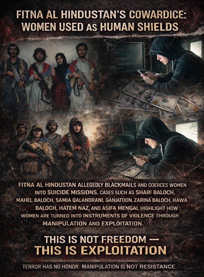 UsmanBuzda43571's tweet image. نام نہاد بی ایل اے آزادی کا دعویٰ کرتے ہے مگر حقیقت میں خواتین کو دھوکہ، دباؤ اور استحصال کے ذریعے اپنے مذموم مقاصد کے لیے استعمال کرتے ہیں، جہاں معصوم زندگیاں ایک ہتھیار بن جاتی ہیں؛ یہ کسی بھی طرح آزادی یا جدوجہد نہیں بلکہ کھلی ناانصافی ہے۔
#FCBalochistan #North #DeraBugti