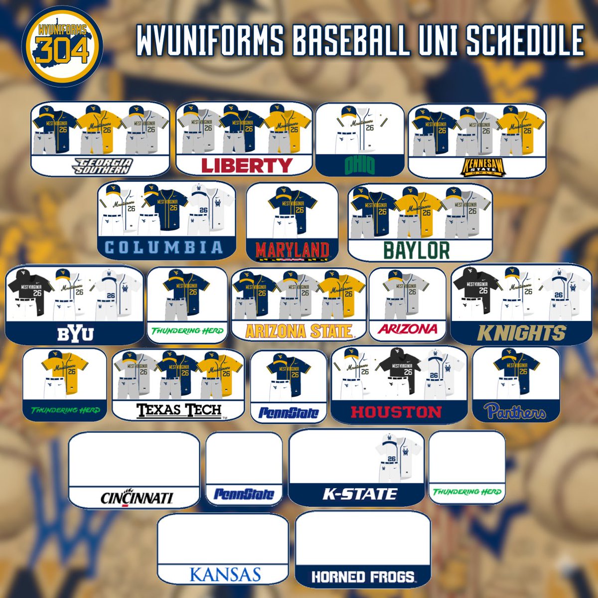 WVUniforms304's tweet image. 𝟐𝟎𝟐𝟔 𝐁𝐚𝐬𝐞𝐛𝐚𝐥𝐥 𝐔𝐧𝐢𝐟𝐨𝐫𝐦 𝐓𝐫𝐚𝐜𝐤𝐞𝐫!

Hat
🔵: 22-8
⬅️⚪️: 3-1
⚫️: 2-1

Jersey
🔵: 7-4
🟡: 5-2
🔘: 7-0
⚪️: 3-2
⬅️⚪️: 3-1
⚫️: 2-1

Pants
🔘: 15-5
⚪️: 7-3
⬅️⚪️: 3-1
⚪️⚫️: 2-1

#HailWV