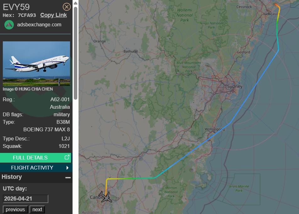 raaf_vip's tweet image. Back to base.

Route: NTL - CBR
🛫: 05:08 UTC on 22/04/2026
🛬: 05:54 UTC

#RAAF #Canberra