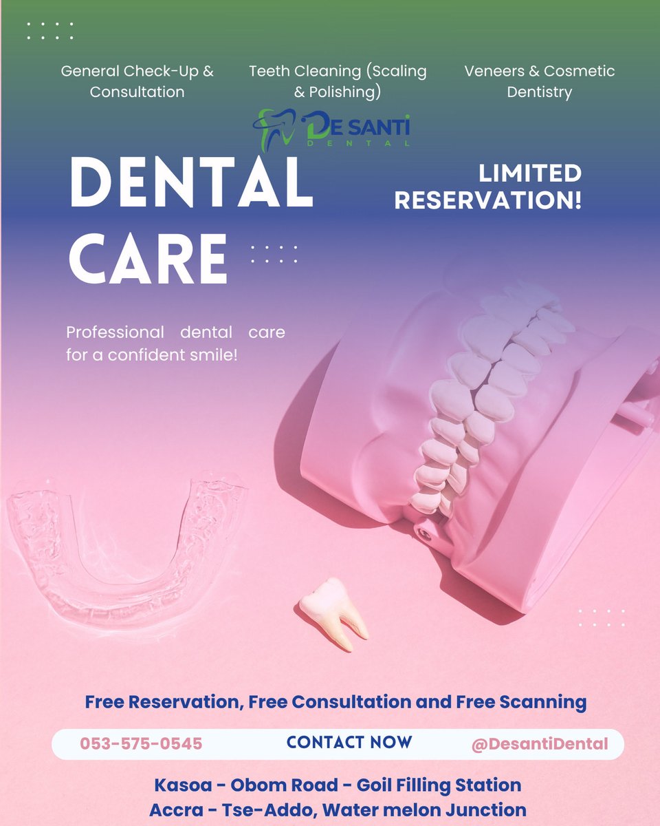 desantidental's tweet image. Healthy smile starts here 🦷✨ De Santi Clinic offers expert dental care, whitening &amp;amp; cleanings.
Book now 📲
#DeSantiClinic #DentalCare #HealthySmile #AccraDentist #TeethWhitening #OralHealth #SmileGoals