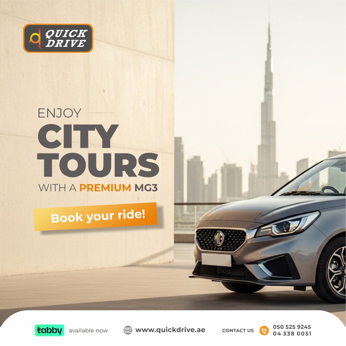 AQuickdrive's tweet image. 🚗✨ Explore Dubai like never before! Quick Drive’s MG3 takes you past the Burj Khalifa &amp;amp; through the city’s iconic streets in comfort + style.

📲 Book your ride today → quickdrive.ae 
📞 Call or WhatsApp: +971505259245

#DubaiTours #QuickDrive #MG3