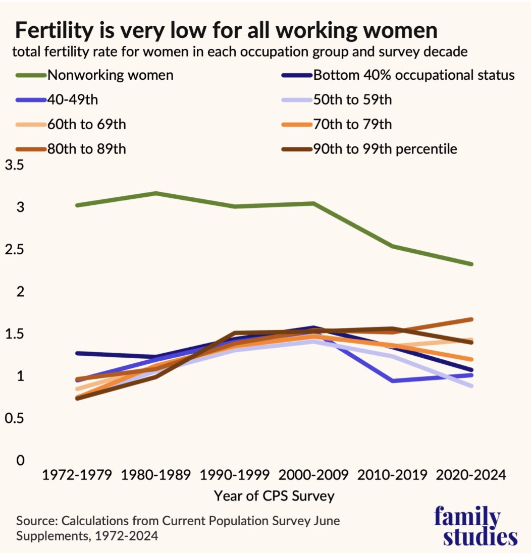 If you look at current employment status, only women who have stepped out of the workplace "have above-replacement fertility rates," according to <a href="/lymanstoneky/">Lyman Stone 石來民 🦬🦬🦬</a>. 

ifstudies.org/blog/low-girlb… <a href="/FamStudies/">The Institute for Family Studies</a>