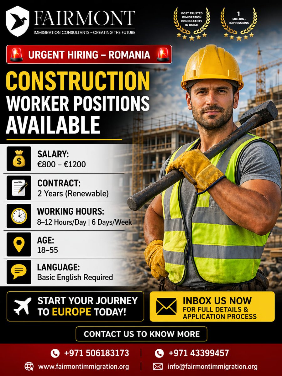 fairmontuae's tweet image. 🚨 URGENT HIRING – ROMANIA 🚨

Looking for work in Europe? We are hiring Construction Workers 👷‍♂️

✈️ Start your journey to Europe today!
📩 DM now for details
📞 +971 506183173 | +971 43399457
#RomaniaJobs #ConstructionJobs #WorkInEurope #HiringNow #AbroadJobs