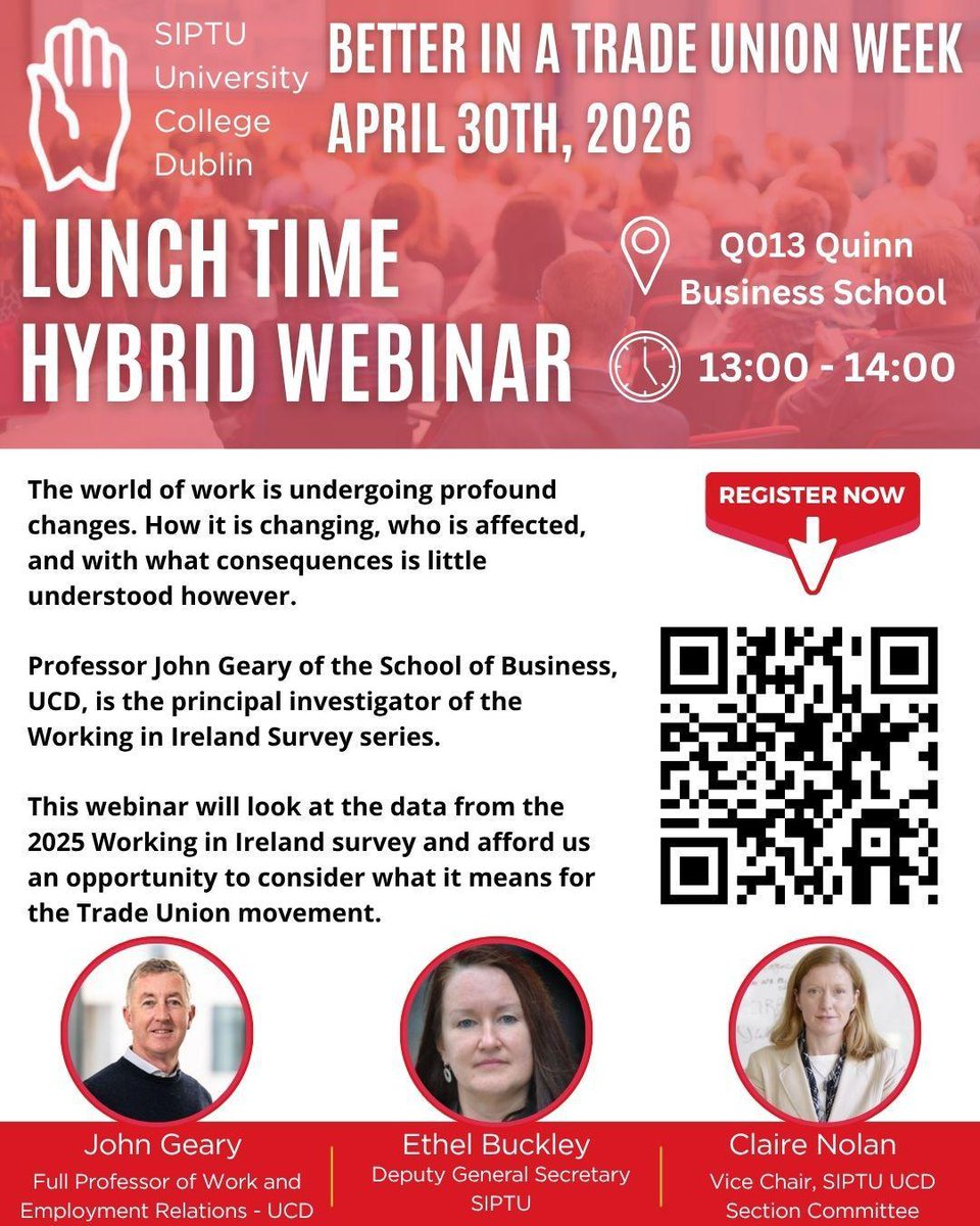 ucdrsa's tweet photo. Join SIPTU UCD for an insightful hybrid webinar as part of "Better in a Trade Union Week" to understand the shifting landscape of employment. #ucd #siptu #mayday #dublin #tradeunion https://t.co/43hrtzbgb0