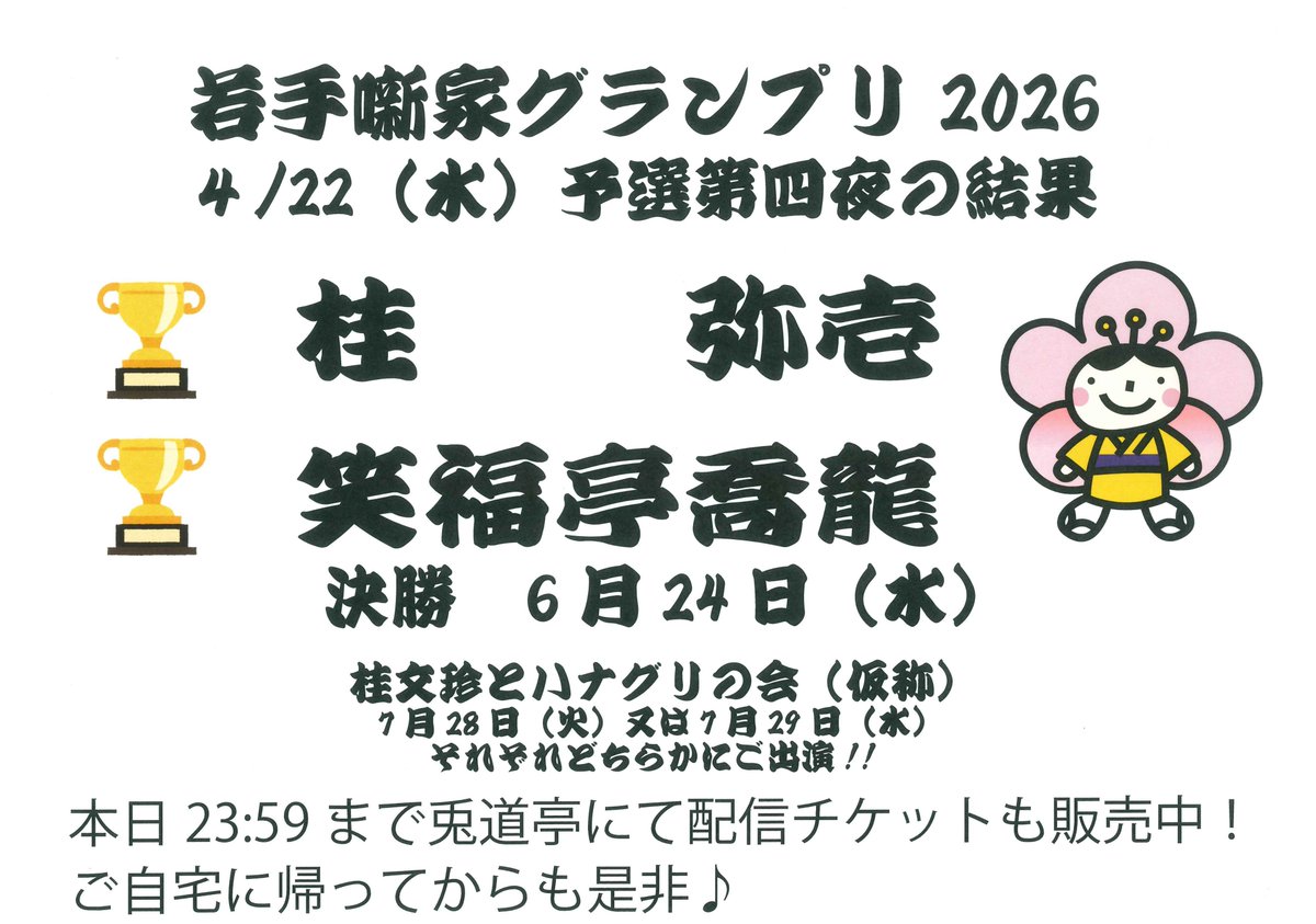 第4夜終了／ 第12回上方落語若手噺家グランプリ🏆 今夜の会から決勝に