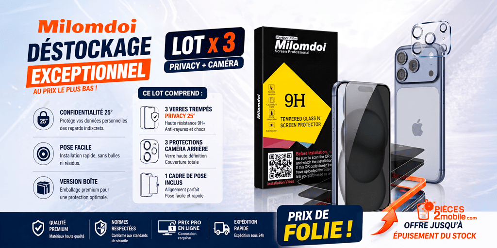 pieces2mobile's tweet photo. 🔥 Déstockage Milomdoi chez https://t.co/L0VjweYk8m : lot x3 iPhone 17 / 17 Pro avec 3 verres Privacy, 3 protections caméra et outil de pose inclus.

Version boîte, pratique pour la revente.

iPhone 17 : https://t.co/XFMg1317YP

iPhone 17 Pro : https://t.co/CMvew0IpVM https://t.co/dt5hg76StY