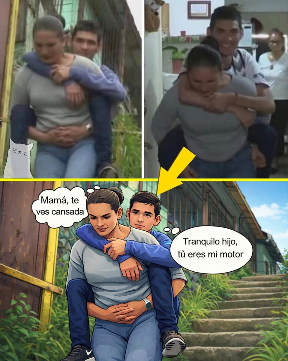 AlejandraM78461's tweet photo. Amor de MAMÁ.

Hay historias que no necesitan adornos… porque lo que cuentan ya es demasiado grande.

Durante casi 20 años, Ruth Jiménez hizo algo que para muchos sería imposible: cargar a su hijo en la espalda todos los días para llevarlo a estudiar. No fue una vez, no fue por unos meses… fueron años enteros de esfuerzo constante.

Ellos viven en una zona alta de San José, donde llegar no es fácil. No hay acceso cómodo, no hay transporte adaptado, no hay una silla de ruedas adecuada que facilite las cosas. Solo hay escaleras… muchas escaleras.

Y aún así, ella nunca lo vio como un obstáculo.

Mientras otros veían dificultad, ella veía una misión: que su hijo pudiera estudiar, que tuviera oportunidades, que no se quedara atrás por una condición que él no eligió.

Así que decidió convertirse en su fuerza, literalmente. Lo cargaba en su espalda, subiendo y bajando, enfrentando el cansancio, el dolor físico… pero nunca soltándolo.
Lo acompañó hasta la puerta de su aula universitaria, día tras día.
Y eso no es solo amor… eso es entrega total.

Porque hay madres que dicen “haría todo por mis hijos”… y otras que lo demuestran, incluso cuando el cuerpo ya no da más.