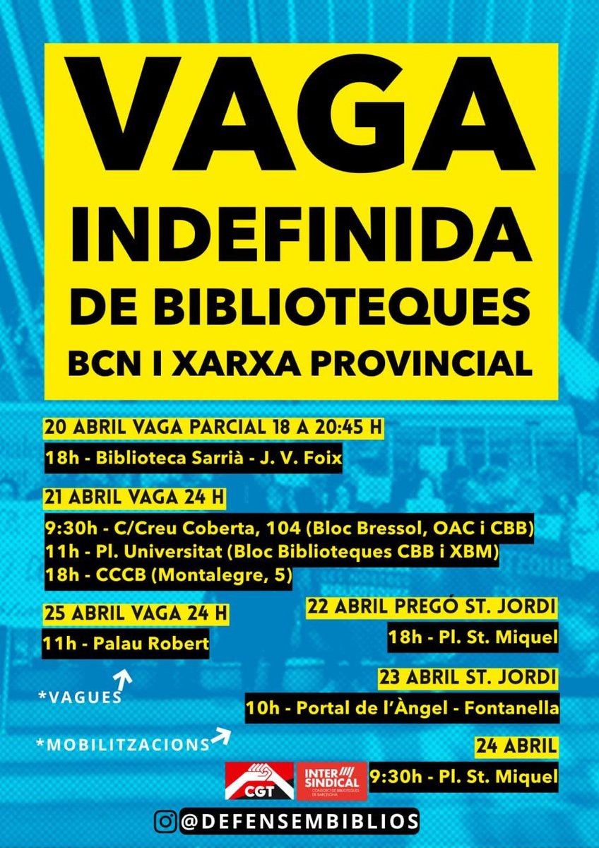 🫯EL PERSONAL DE BIBLIOTEQUES NO ENS ATUREM🫯

🔝 Després de dues vagues amb un seguiment molt alt (ahir vam tancar més del 80% de biblios de Bcn), avui continuem lluitant.

📢 Ens veiem aquesta tarda a les 18 hores a la Plaça Sant Miquel.