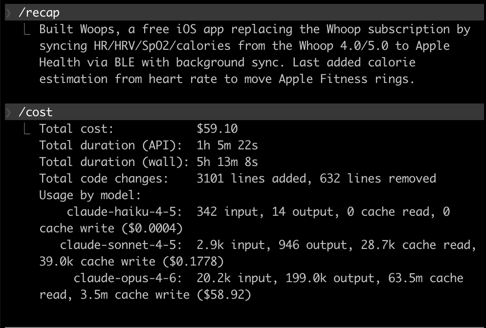 namannarula's tweet photo. with only $59 in tokens, i built whoops. :)

WHOOP charges ~$250/year just for the app. so i built a free alternative.

syncs your whoop 4.0/5.0 sensor → Apple Health

→ HR, RR, RHR, SpO2, HRV
→ use Apple Fitness for live workouts (live HR + calories burned)
→ use @bevel_health for strain/sleep/recovery

auto-syncs in background with minimal battery use.