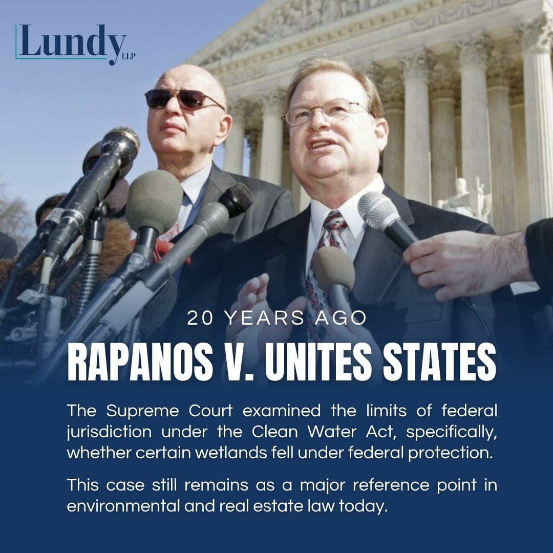 LundyLLP's tweet photo. During this month, 21 years ago:

The Supreme Court examined the limits of federal jurisdiction under the Clean Water Act , specifically, whether certain wetlands fell under federal protection.

This case remains a key reference point in environmental and real estate law. https://t.co/qzbQENpzCO