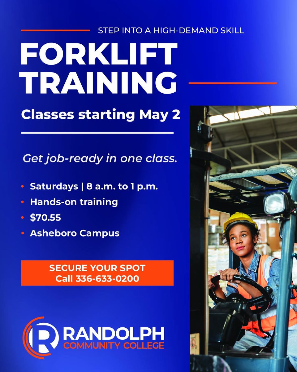 RandolphCC's tweet photo. Forklift Training starts May 2.

✔ Saturdays | 8 AM – 1 PM
✔ Hands-on
✔ $70.55

📞 336-633-0200

Secure your spot today.

#WorkforceTraining #SkilledTrades #AsheboroNC #CareerReady #HandsOnLearning #GetToWork #RCCProud https://t.co/NFEtznTjnO