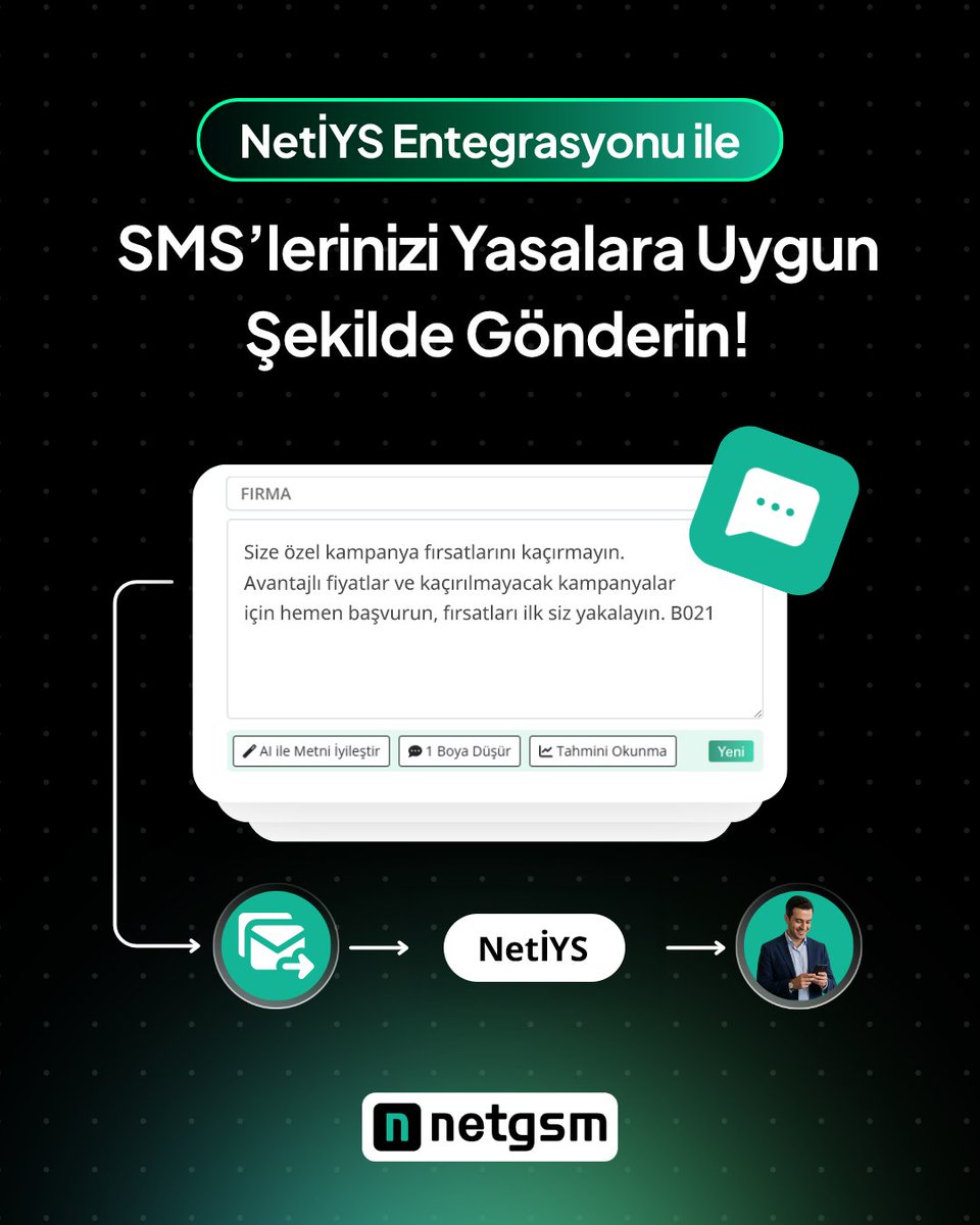 NET_GSM's tweet photo. 📩 İleti Yönetim Sistemi (İYS) ile izinlerinizi ve ret listenizi otomatik kontrol edebilir, güncelleyebilir ve SMS'lerinizi mevzuata uygun olarak gönderebilirsiniz.

✅ Hem yasal uyumunuzu koruyun hem de iletişim süreçlerinizi kesintisiz sürdürün.

#netgsm #iys https://t.co/0K8Ym4oewR