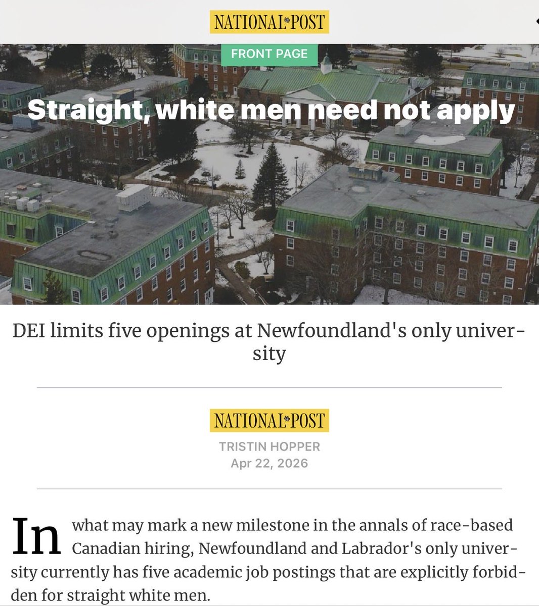 “Specifically, the five jobs are advertised exclusively for “women; 2SLGBTQIA+ people; Indigenous peoples; racialized persons; and persons with disabilities.””

This is discrimination and racism! 

DEI policies undermine one of the key foundations of liberal Western civilization:
