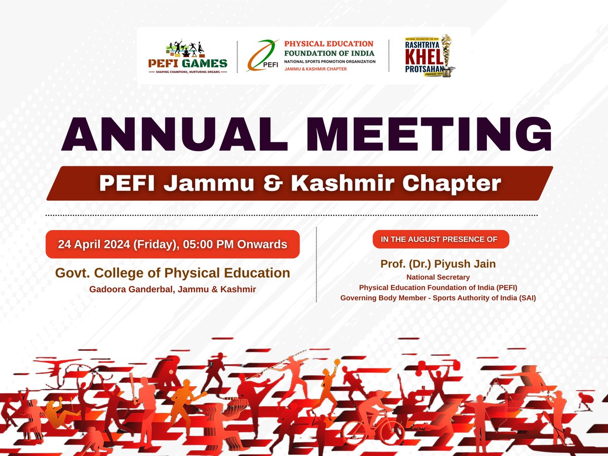 The Physical Education Foundation of India (PEFI) is set to host the Annual Meeting of the Jammu &amp; Kashmir Chapter at the prestigious Government College of Physical Education, Ganderbal.

24 April 2026 | 05:00 PM onwards

Venue: Govt. College of Physical Education, Ganderbal, J&amp;K