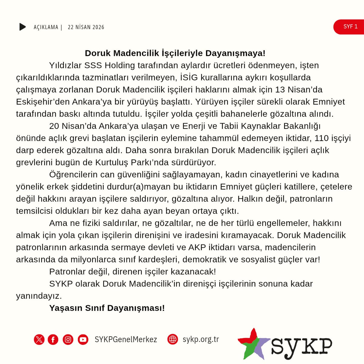 SYKPgenelmerkez's tweet photo. Madencilik patronlarının arkasında sermaye devleti ve AKP iktidarı varsa, madencilerin arkasında da milyonlarca sınıf kardeşleri, demokratik ve sosyalist güçler var! 

Patronlar değil, direnen işçiler kazanacak! https://t.co/anDQOV78Yy