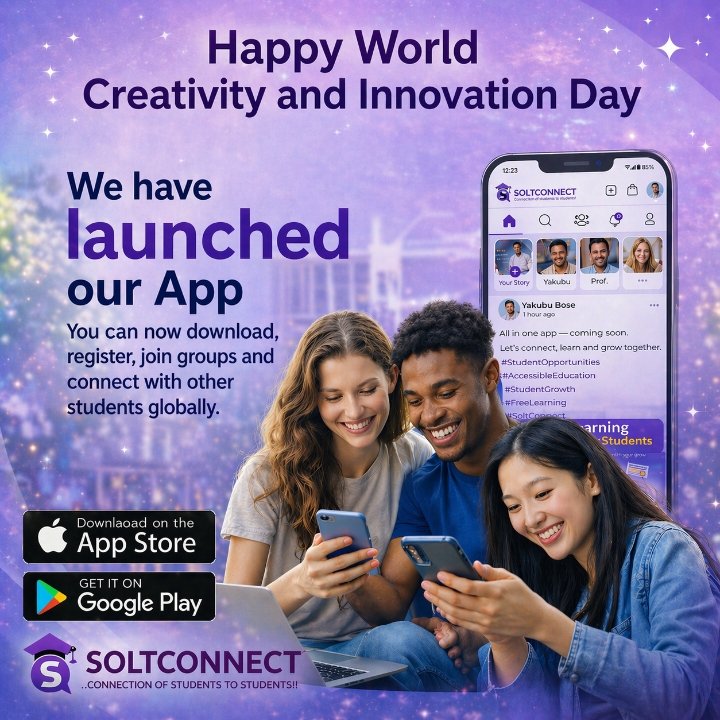 soltconnect's tweet image. Happy World Creativity &amp;amp; Innovation Day

SoltConnect is now live on the Play Store &amp;amp; Apple Store!

Built to help students connect, learn, and grow globally.

Open to partnerships &amp;amp; collaborations 🤝

Download. Connect. Grow. 🌱

#SoltConnect 
#Innovation
#AppLaunch 
#EdTech