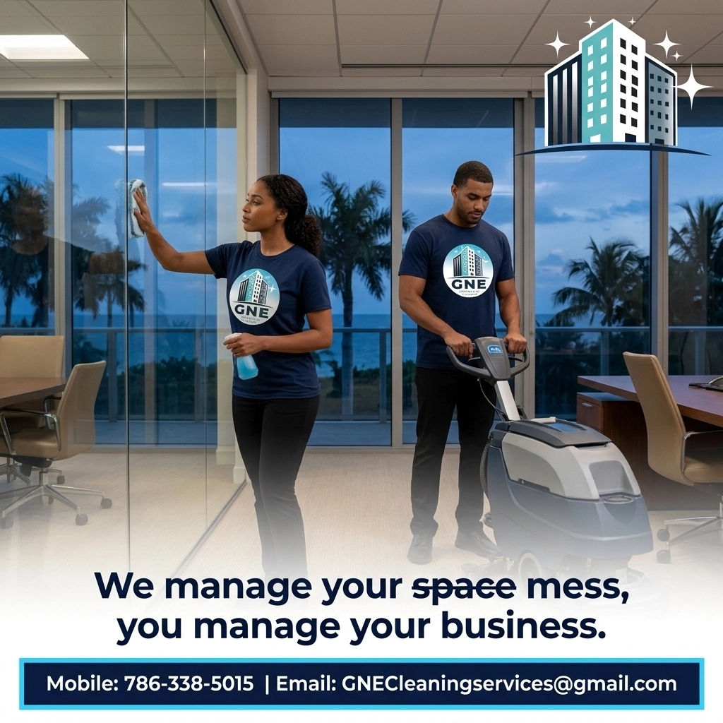 GNECleaning's tweet image. While your team rests, our late-shift heroes ensure a professional, handover-ready environment for morning.

We manage your s̶p̶a̶c̶e̶ mess, you manage your business.

786-338-5015
GNECleaningservices@gmail.com

#GNE #FacilityManagement #CommercialCleaning #FL