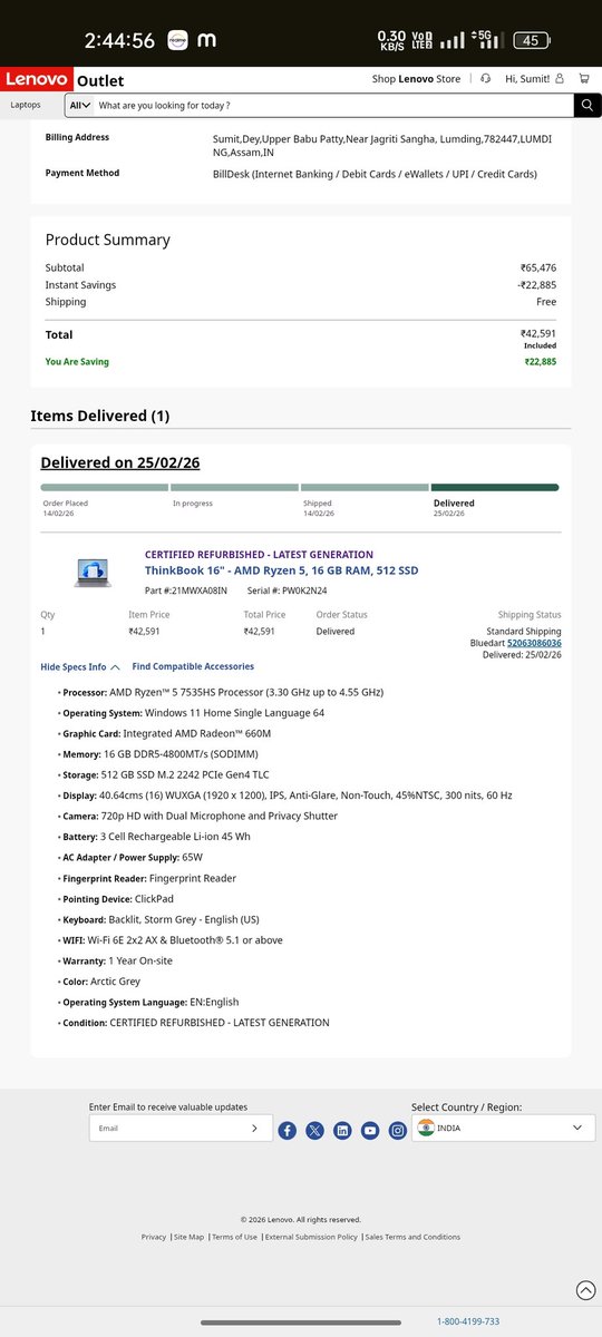 SumitDe69999819's tweet photo. @LenovoSupport @jagograhakjago I am from India. This unit was purchased from the Lenevo outlet refurbished website in India. I buy it on 14/02/2026 https://t.co/ty7WE5YASG