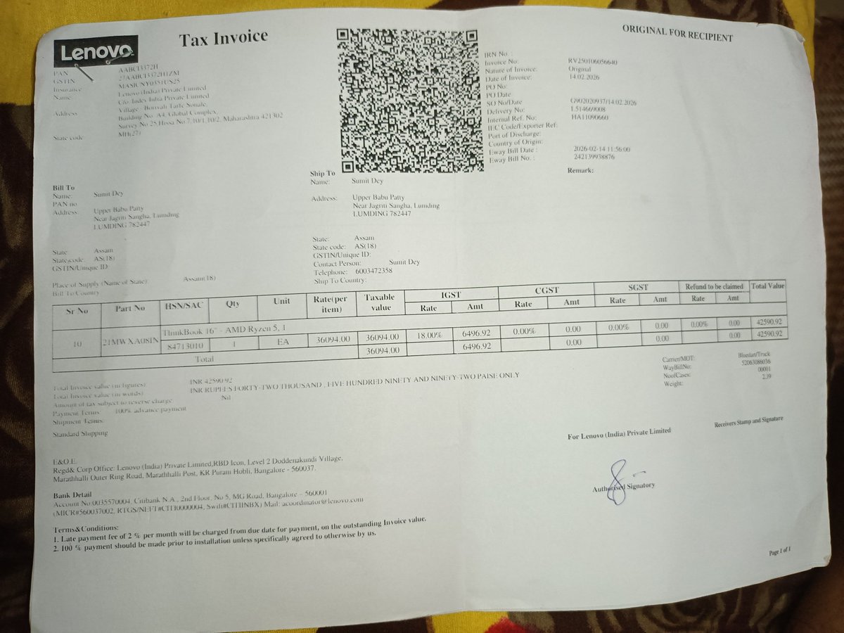 SumitDe69999819's tweet photo. @LenovoSupport @jagograhakjago I am from India. This unit was purchased from the Lenevo outlet refurbished website in India. I buy it on 14/02/2026 https://t.co/ty7WE5YASG