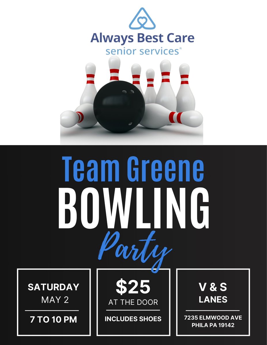 ABC_Philly's tweet image. 📣Spread the word! You are INVITED to the Team Greene Bowling Party! 🎳

#BowlingParty #TeamGreene #PhillyEvents #BowlingNight #CharityEvent #UncleBeezRescue #AlwaysBestCare #SeniorCare #SeniorServices