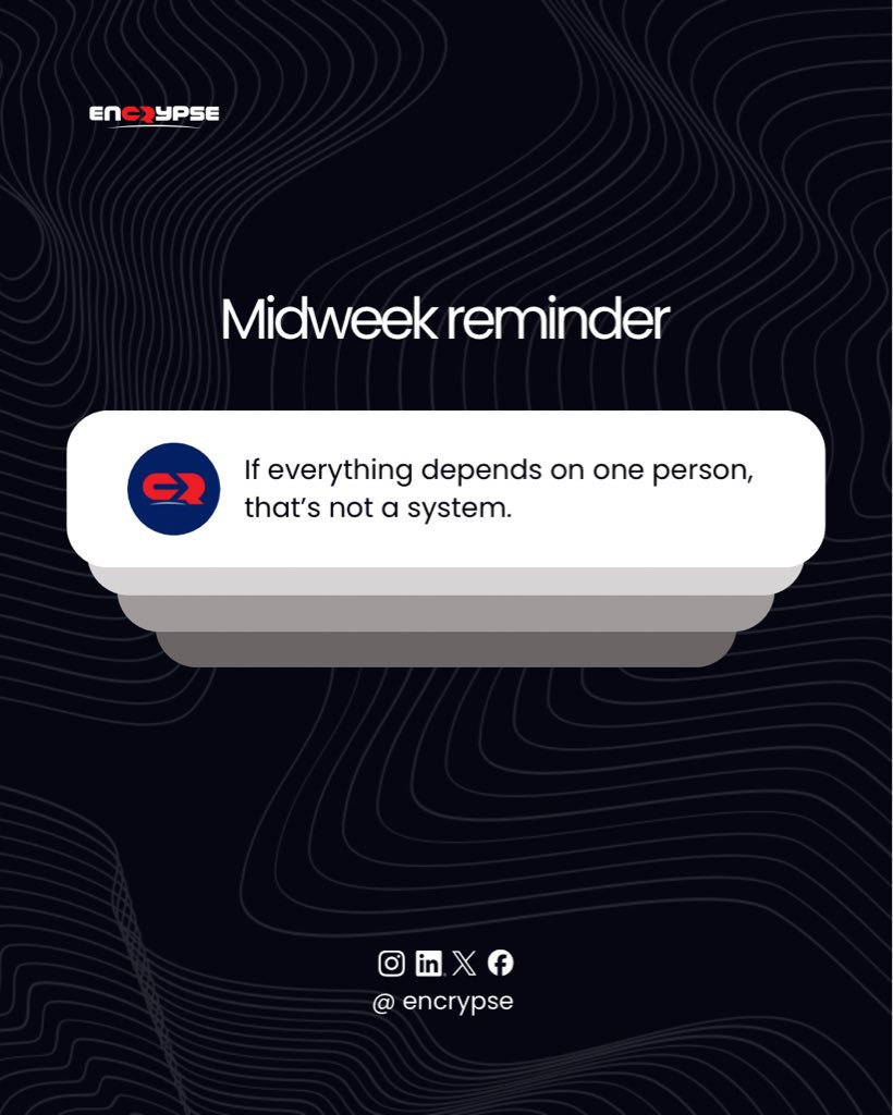 _encrypse's tweet photo. Midweek reminder 👀

Real systems don’t rely on people to function. They support people to perform better.
Build smarter. Scale better. That’s what Encrypse is about.
#Encrypse #MidweekReminder #SmartSystems #BusinessGrowth #Automation #Efficiency https://t.co/yM5j2YU2Bo