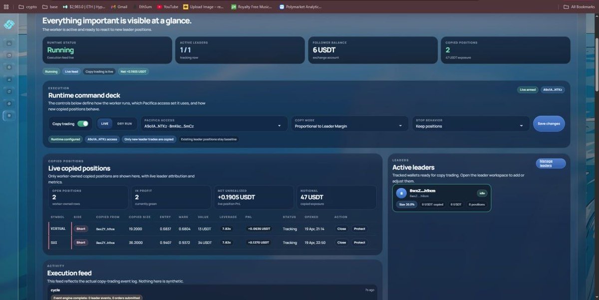 pacifica_flow's tweet photo. Building on @pacifica_fi : copy trading + AI Agent mode.

We’re solving a key problem in copy trading, making it accessible even for small accounts.

This is not just for the hackathon, we’re actively building this as a real product beyond it.

you’ll be surprised
Stay tuned. 👀 https://t.co/c1zgTXJ52G