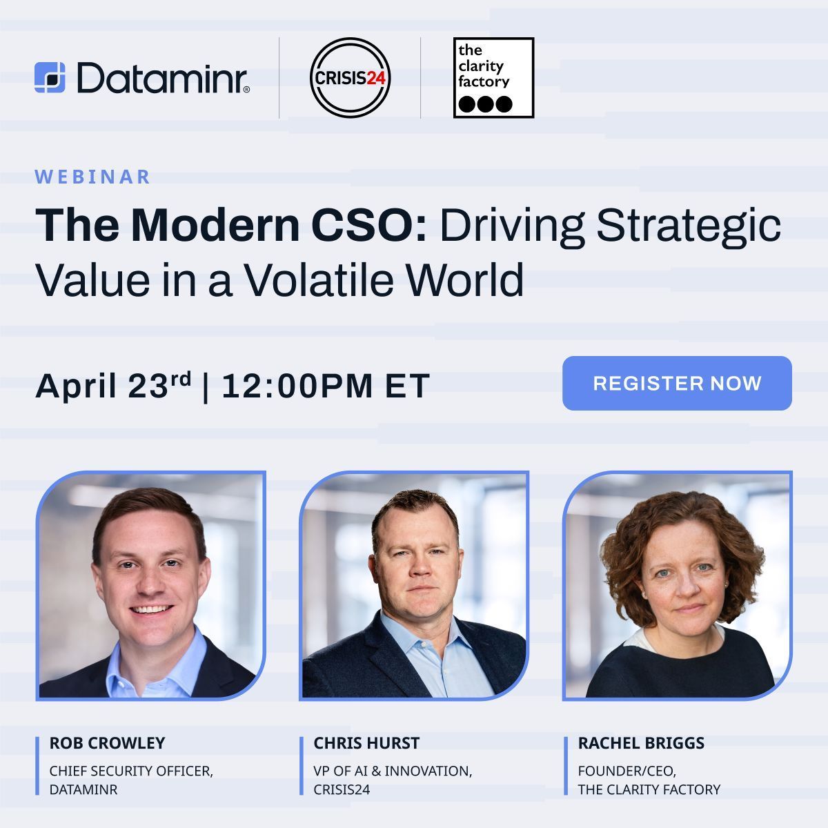 rachelbriggsuk's tweet photo. Join me tomorrow with Rob Crowley and Chris Hurst of Dataminr for this session on how AI can power your corporate security team. April 23, 12pm EST / 5pm BST https://t.co/oTwSsW2gQm https://t.co/hMlzqjWvis