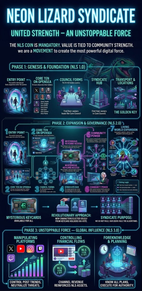 NeonLizardNFT's tweet photo. #NeonLizardSyndicate #NLScoin #NFT #Web3 #CommunityPower #Unstoppable #TheFutureIsYours #Governance
Neon Lizard Syndicate: "United Strength — An Unstoppable Force"
Introduction: The NLS Coin and the Foundation of Community Power
The Neon Lizard Syndicate (NLS) project is not just an NFT collection; it is a movement aimed at creating the most powerful and unstoppable force in the digital world. The heart of this ecosystem is the NLS coin. Acquiring the NLS coin is mandatory for every participant because it is what ensures the growth and development of our society. The value of the coin is directly tied to the strength and activity of the community we are building together.
Step-by-Step Development Strategy (Roadmap)
Phase 1: Genesis and Foundation (NLS 1.0)
In this phase, we are establishing the foundation of the ecosystem and uniting the first participants. A total of 21 unique NFTs will be released, categorized into three main groups:
7 Core Characters (The Core Council):
These characters are the "face" of the ecosystem and its governing body. Each character has a specific role and set of responsibilities.
Razor Anokh: The creator and leader of the Syndicate. He manages the Syndicate's operations. However, his authority is not absolute. If the people (NLS coin holders) are dissatisfied with his performance, he can be removed from leadership through voting. This signifies that the project is fully democratic and under community control.
Poor Beggar: A character that protects the interests of the common people. He observes how Syndicate decisions impact the average members.
Vixa Flame: The "queen" and "mother" of the Syndicate. The individual who owns this character is chosen as the wise leader and guide of the community. A vote will be conducted by the community to identify the worthy candidate for this role.
(The remaining 4 characters also have unique roles, which can be explored on the official website).
1 Mysterious Keycard:
This Mysterious Keycard is considered the "golden key" to access the ecosystem. Its owner is deemed a member and privileged participant of the syndicate from day one.
Transport and Locations:
NFTs representing special transport vehicles and locations within the virtual world, designated for Syndicate members.
Main Goal: In the first phase, all 21 characters (the 7 core characters, the Mysterious Keycard owner, and others) must find their real-life owners. This is the Syndicate's "Core Council" and its driving force.
Phase 2: Expansion and Governance (NLS 2.0)
In this phase, we are launching the Mysterious Keycards for sale. Anyone who possesses a Mysterious Keycard automatically becomes an equal member of the Neon Lizard Syndicate.
Revolutionary Approach:
Electing New Characters: Starting from Phase 2, all new characters and governance roles added to the ecosystem will be elected solely from among the Mysterious Keycard holders through voting. This ensures the project's transition to full community management and that every member's voice matters.
Syndicate's Purpose: Our primary task is to form the world's first and most powerful current gathered within the unstoppable virtual internet space. If we act together, no force can stop us. We can bring any platform, from Bitcoin downwards, to its knees. Algorithms do not rule the world; algorithm users (us) do.
Phase 3: "Unstoppable Force" — Global Influence (NLS 3.0)
In this phase, we will demonstrate the global influence of the "Neon Lizard Syndicate." Our community will be so large and organized that it will be able to exert its will on any digital platform.
Practical Examples:
Manipulating Platforms: We will be able to control X (Twitter), YouTube, Instagram, and all other platforms as we wish. If we want to boost a certain page (or post), we can bring it to the trends instantly with hundreds, thousands, even millions of likes, comments, and views. If we find a project or page unappealing (deeming it spam or a threat), we can get it removed in the same manner with hundreds of thousands of reports and spams.
Controlling Financial Flows: For example, a YouTube channel is opened for a Syndicate member. With the support and activity of our millions of members, all money (revenue) generated from the channel is directed directly into our NLS coins and NFTs. This multiplies the value of the coins and NFTs manifold.
Foreknowledge and Planning: Syndicate members will know all plans, strategies, and actions in advance. We plan everything and execute it. This project is not just a source of income, but a path to genuine authority and influential power in the digital world.
Conclusion: Our Door is Open!
Our door is open to anyone who wants to grow with us! The earlier you join, the more power and opportunity you will gain. Neon Lizard Syndicate is the most powerful digital community of the future. Be with us and become an unstoppable force!
#Web3 #Blockchain #CryptoArt #DigitalCollectibles #TheCoreCouncil #GovernedByCommunity #YourNFTIsYourVoice #DAO #VoteByNFT