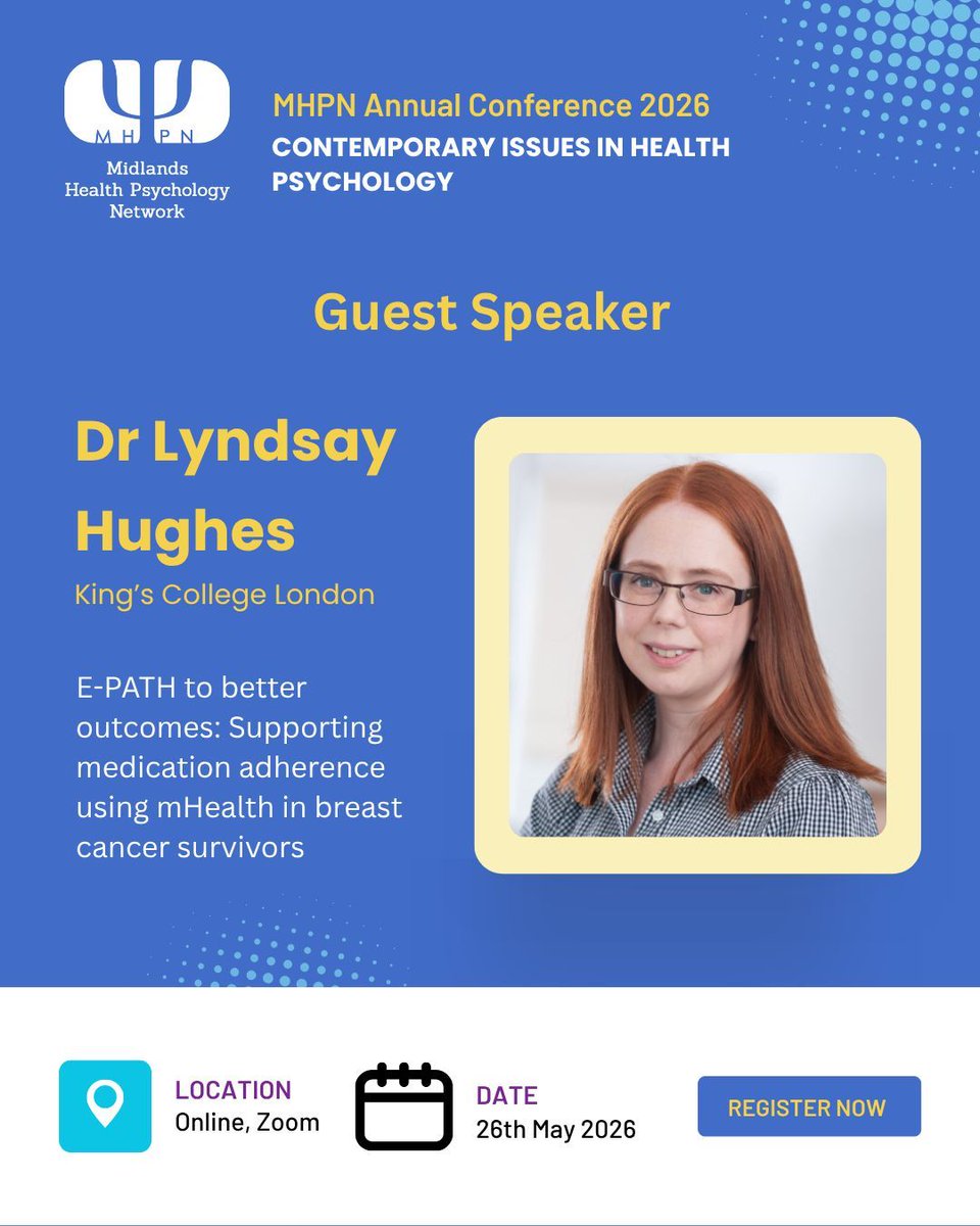 MidsHealthPsych's tweet image. Introducing our Guest speaker Dr Lyndsay Hughes.

Dr Hughes will be presenting her talk ‘E-PATH to better outcomes: Supporting medication adherence using mHealth in breast cancer survivors’.

🎟️ Get your tickets now!

midshealthpsych.com/conference/

#HealthPsych #MHPN #Conference