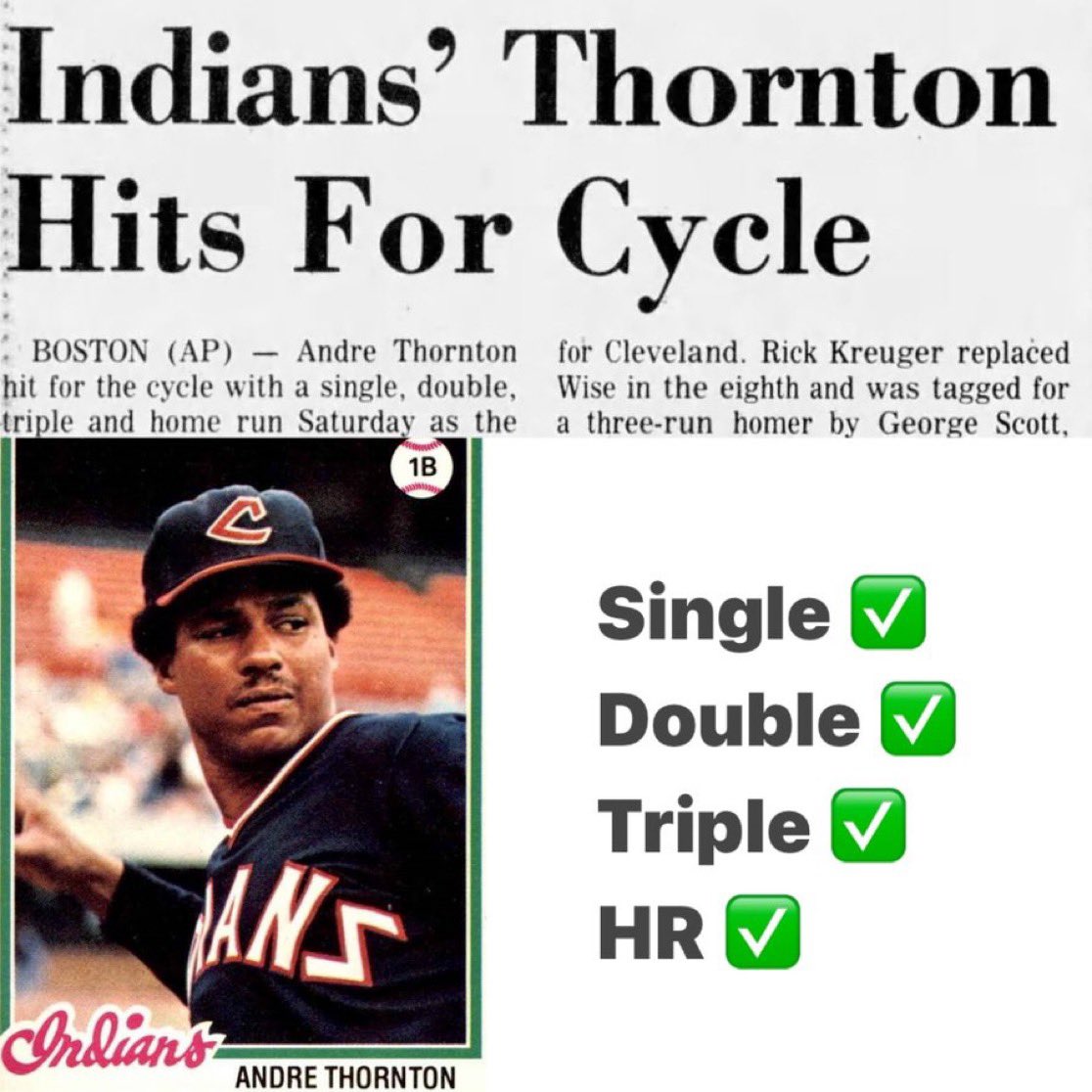MrCleveland_216's tweet image. April 22, 1978: Thunder Cycle⚾️

1B Andre Thornton hits for cycle vs. BoSox

He becomes 6th player in team history to do so

Tribe wins 13-4 at Fenway Park

Not much to cheer about during so many lean years - Thunder was always the lone star &amp;amp; we loved him

#Thunder #Cycle