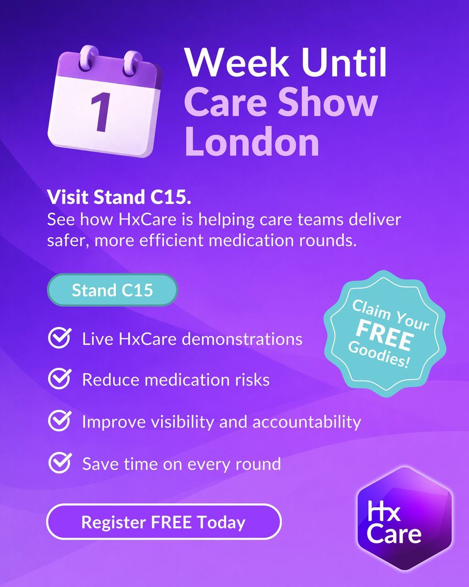 PosSolUK's tweet photo. 📅 1 week to go until Care Show London 2026!

Visit Stand C15 to see HxCare in action. Explore safer medication management, live demos across both days, and free goodies at the stand 👀

🎟 Register free: https://t.co/eqe62UhAE9

#CareShow26 #eMAR #CareHomes https://t.co/GXxXTg1Bih