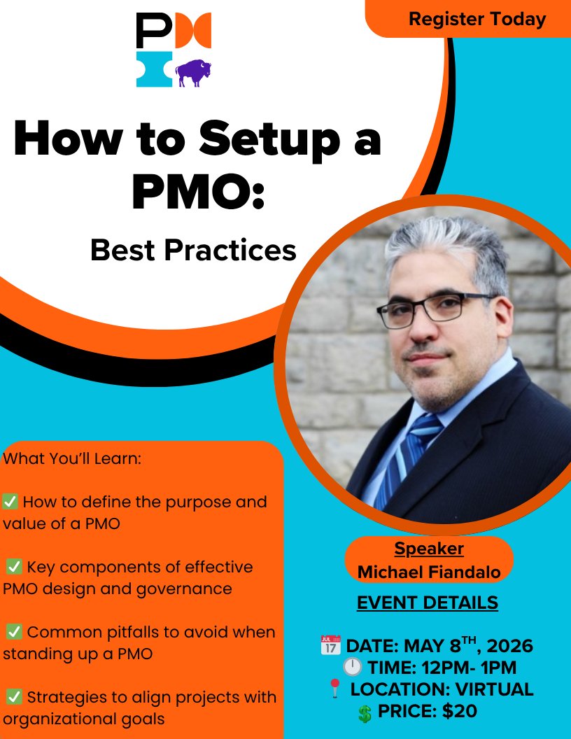 PMIBuffalo's tweet photo. 👏Event Details:
⭐Speaker: Michael V. Fiandalo, PhD, MBA, PMP, PfMP, PMI‑PMOCP, PMO‑BP
⭐Date: 5/8/2026
⭐Time: 12PM-1PM
⭐Location: Virtual
⭐Price: $20

📅 Save your seat today:
👉 https://t.co/GiCJjL0rfJ

#PMIBuffalo #PMO #ProjectManagement #Leadership #BestPractices https://t.co/EqRx5CA5Jh