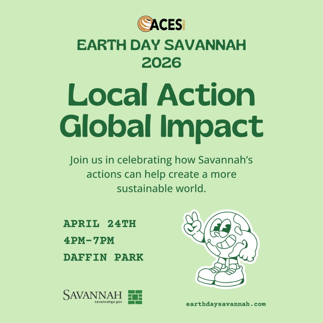 AcesWorld4All's tweet photo. Join ACESWorld for Earth Day Savannah 2026! 🌍

We’re excited to celebrate at Daffin Park on Friday, April 24 from 4–7 PM. Visit our booth at Tree 28!🌳

@earthdaysavannah @NAMICon @cityofsavannah @ecoAmerica #EarthDay #ClimateChangeMakers #ClimateAction #EarthDay2026 https://t.co/HbWJ1QRMst