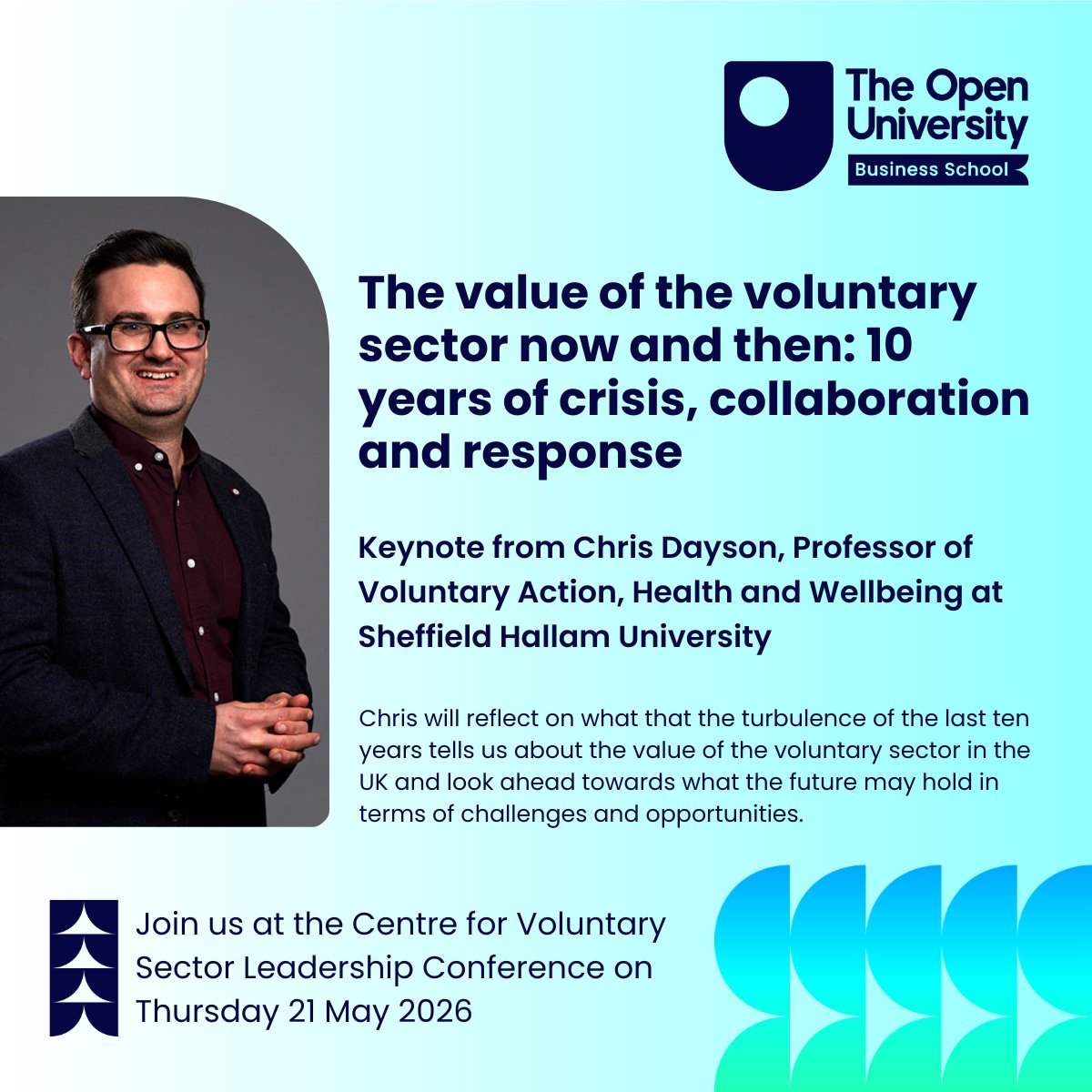 OUBSchool's tweet photo. We’re pleased to welcome Professor Chris Dayson as the keynote speaker at CVSL's 10th anniversary conference.

📅 Join us in person or online for our conference on Thursday 21 May 2026

Places are free but limited, register today: https://t.co/be8aNSS2y5 https://t.co/SBqaj9eylC